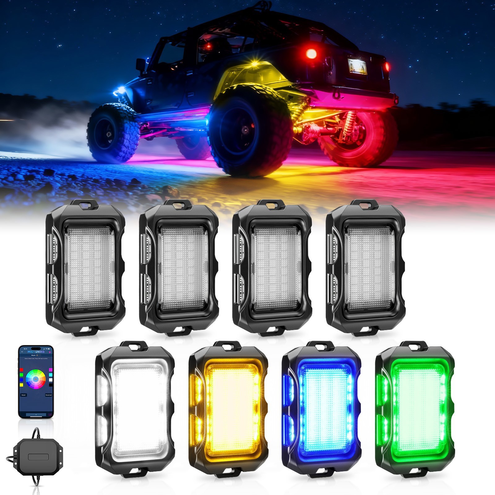 MICTUNING Q2 Max RGB+IC Rock Lights, 8-16 Pods Color Changing Underglow Neon Kit