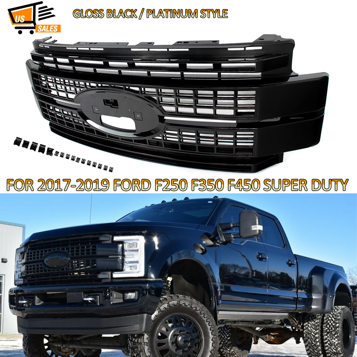 For 2017-2019 Ford F250 F350 Super Duty Gloss Black Grill Assembly Platinum Look