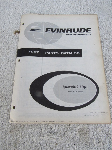 Evinrude antique outboard motor ORIGINAL factory parts list 1967 9.5hp 9722M 23M