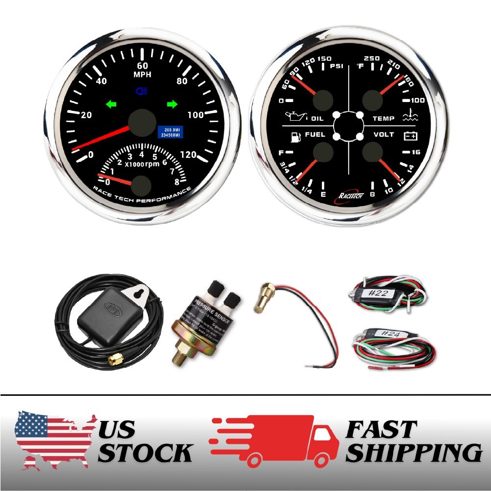RACETECH 85mm 2 Gauge Set 2in1 GPS Speedometer 120 MPH 4in1 Multi Function RACETECH 85mm 2 Gauge Set 2in1 GPS Speedometer 120 MPH 4in1 Multi Function