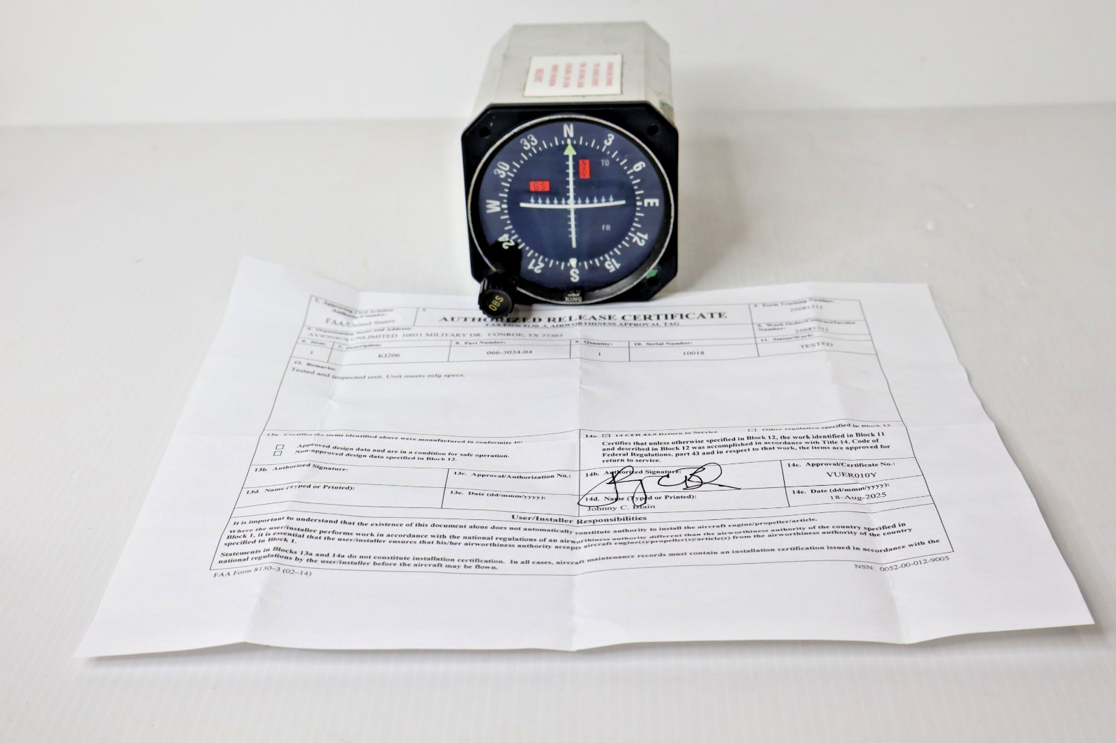 Bendix King KI 206 VOR/LOC/GS Indicator 066-3034-04 Bench Tested FAA 8130-3 Form