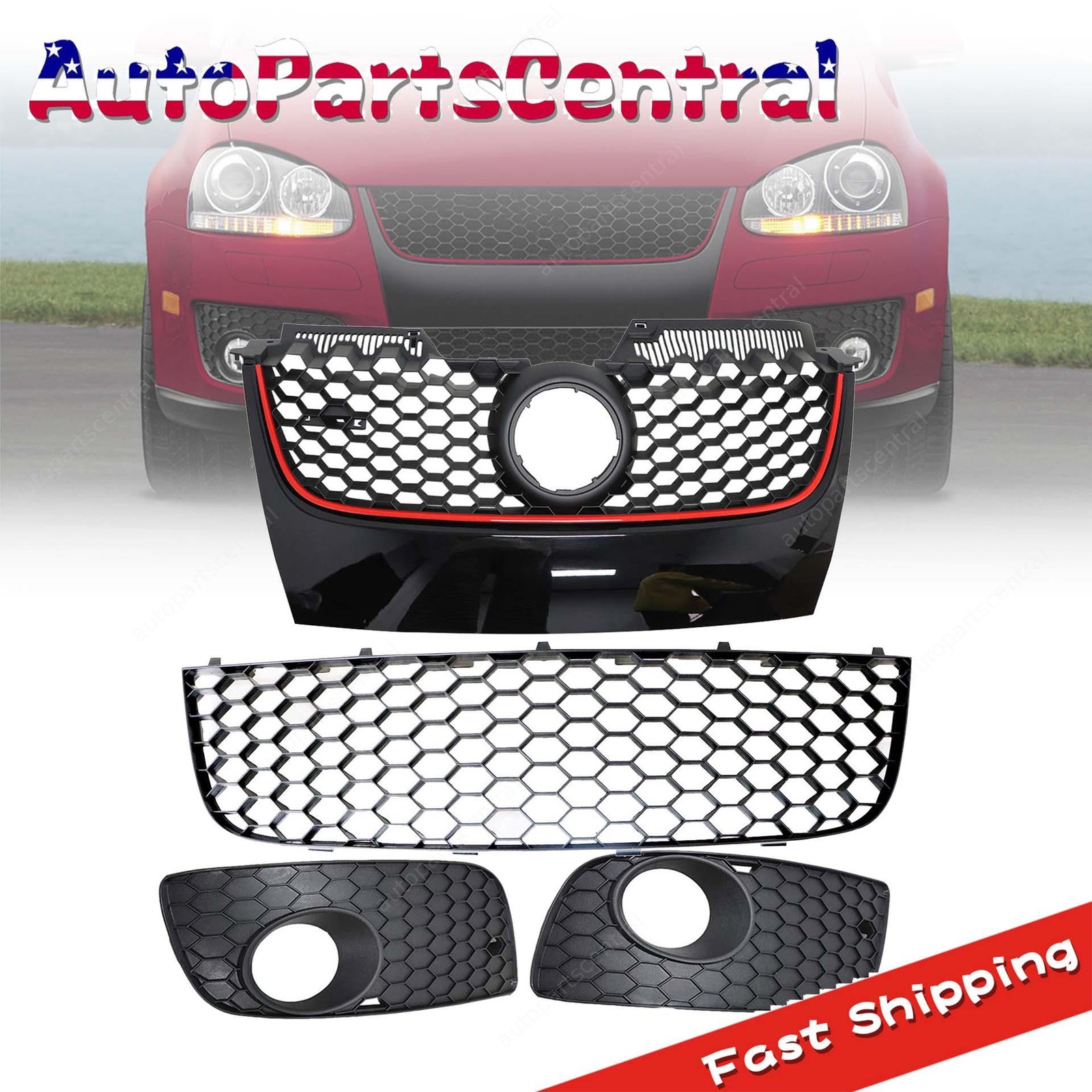 Main Hex Mesh Grille Glossy Black W/ Red Trim For 2006-2009 VW MK5 GTI Jetta GLI