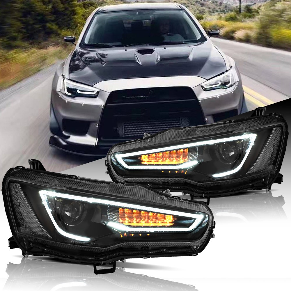 Black Projector Head Lights For 2008-2020 Mitsubishi Lancer EVO X W/Sequential