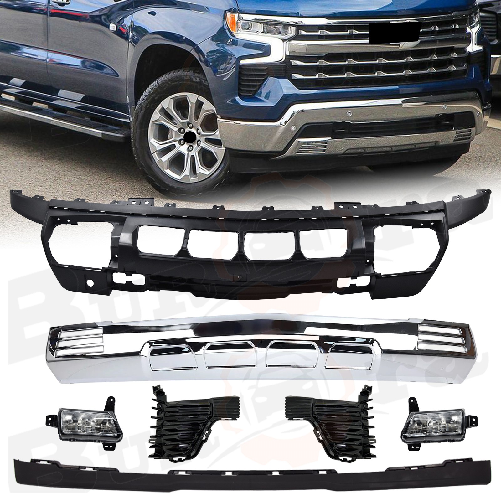 For 2022-24 Chevy Silverado 1500 Front Bumper Cover Lower Valance Fog Light 7PCS