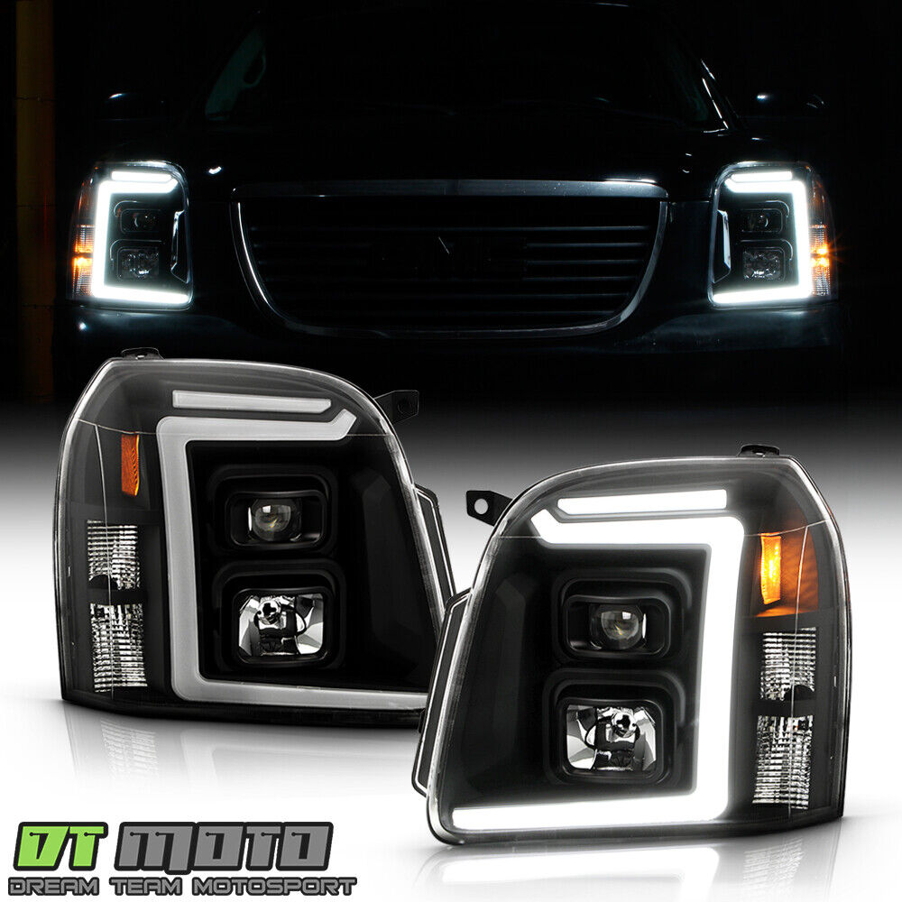 For 2007-2013 GMC Yukon Black Dual LED Tube Projector Headlights Headlamps Pair