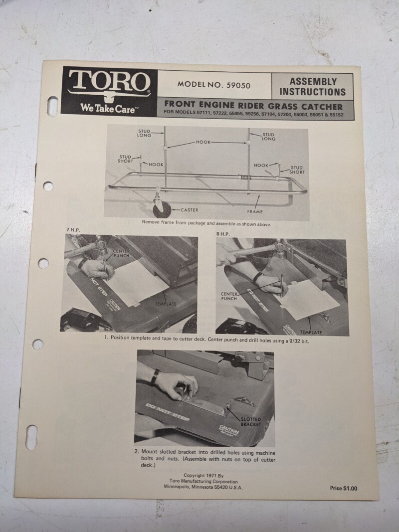TORO 59050 FRONT ENGINE RIDER GRASS CATCHER ASSEMBLY INSTRUCTIONS MANUAL MODEL