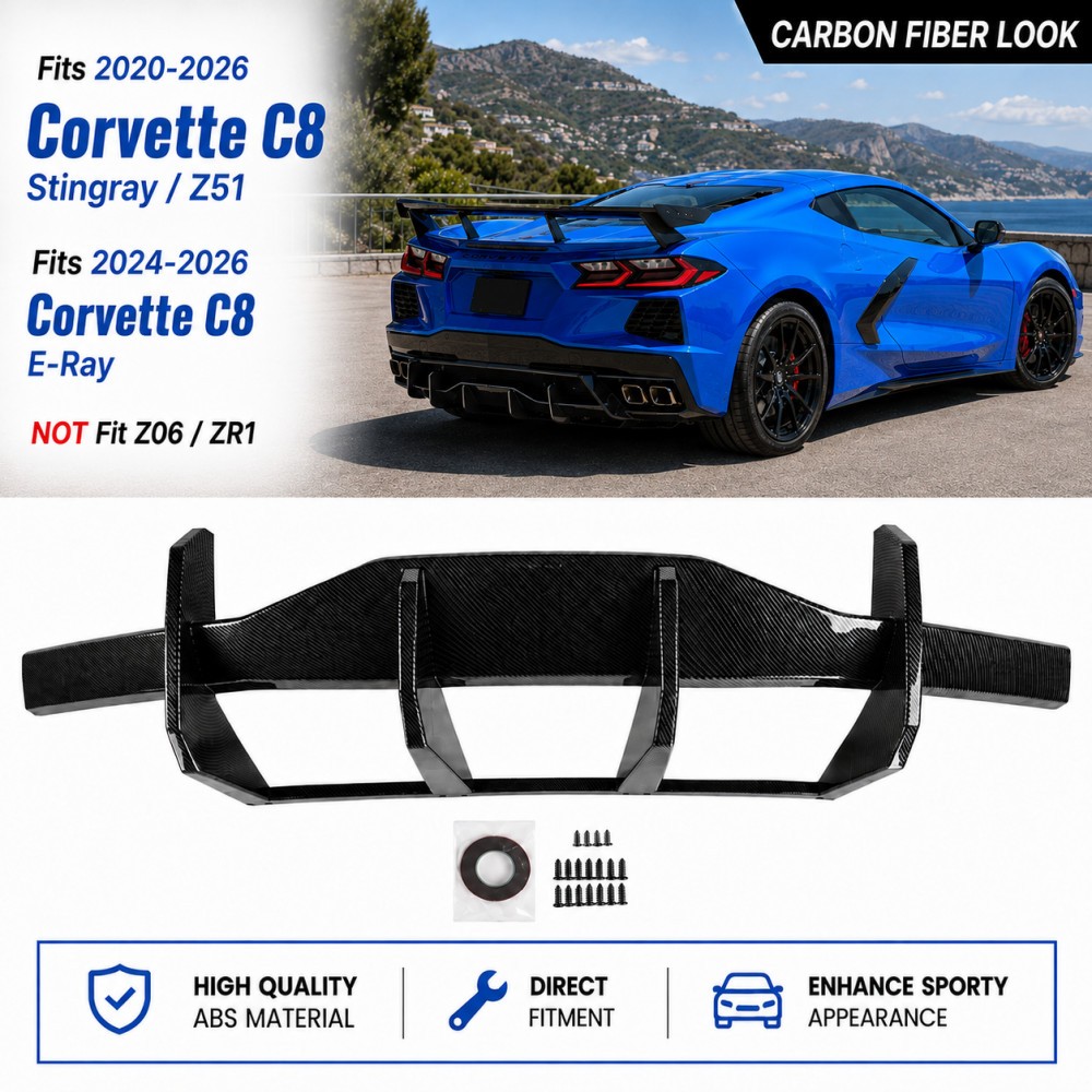 Fit 20-26 Corvette C8 Stingray Z51 Carbon Black  Add-On Rear Bumper Diffuser Kit