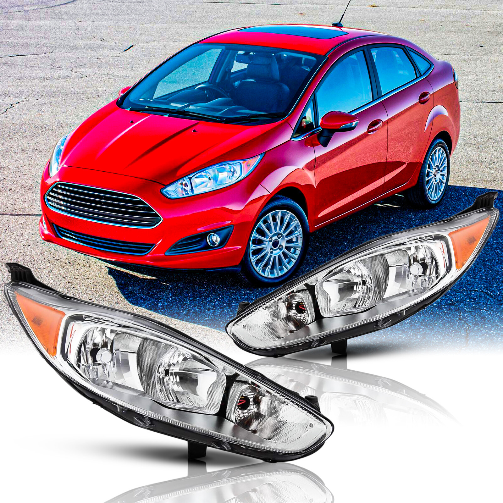2pcs Headlights For 2014-2019 Ford Fiesta Headlamps Amber Corner Clear Chrome