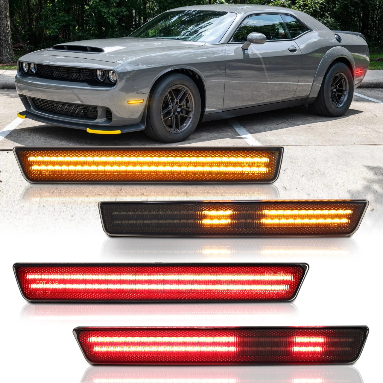 4PCS Dynamic Amber Red LED Side Marker Lights For 2015-2023 Dodge Challenger