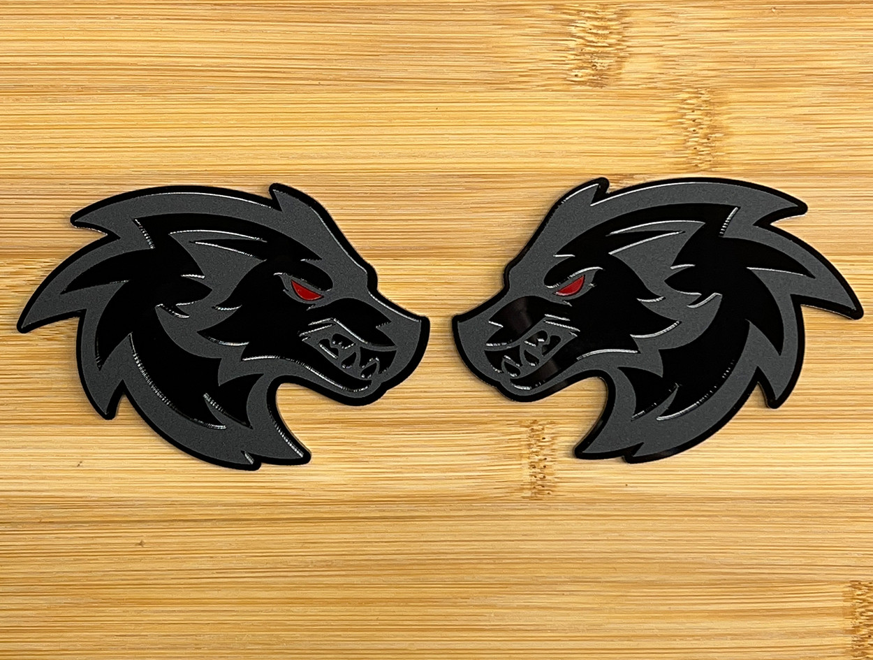 Wolf Badges w/ Red eye Car Emblem Fender BADGES (2) Matte Black on Black, Racing