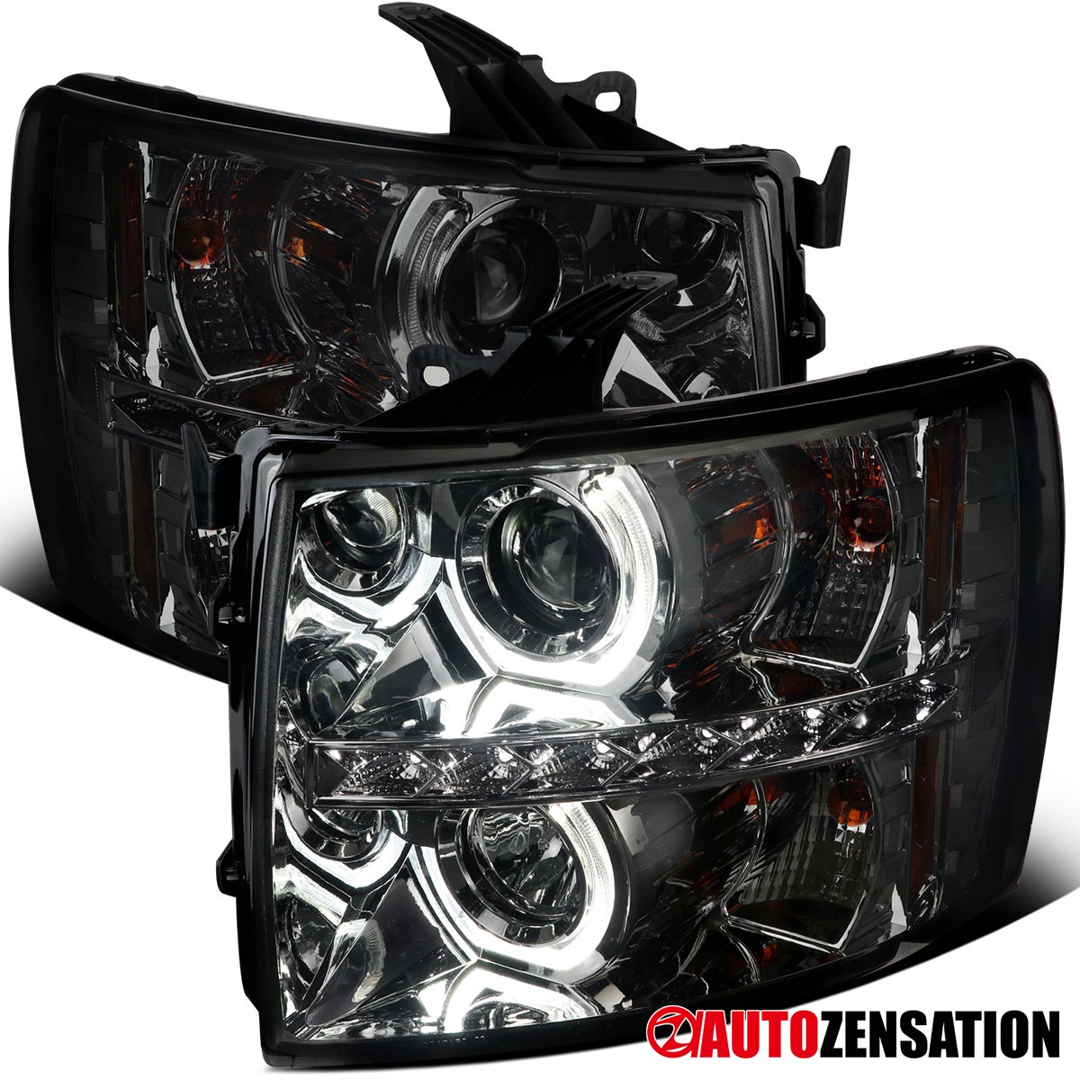 Fit 2007-2014 Chevy Silverado 1500 2500HD Smoke LED Halo Projector Headlights