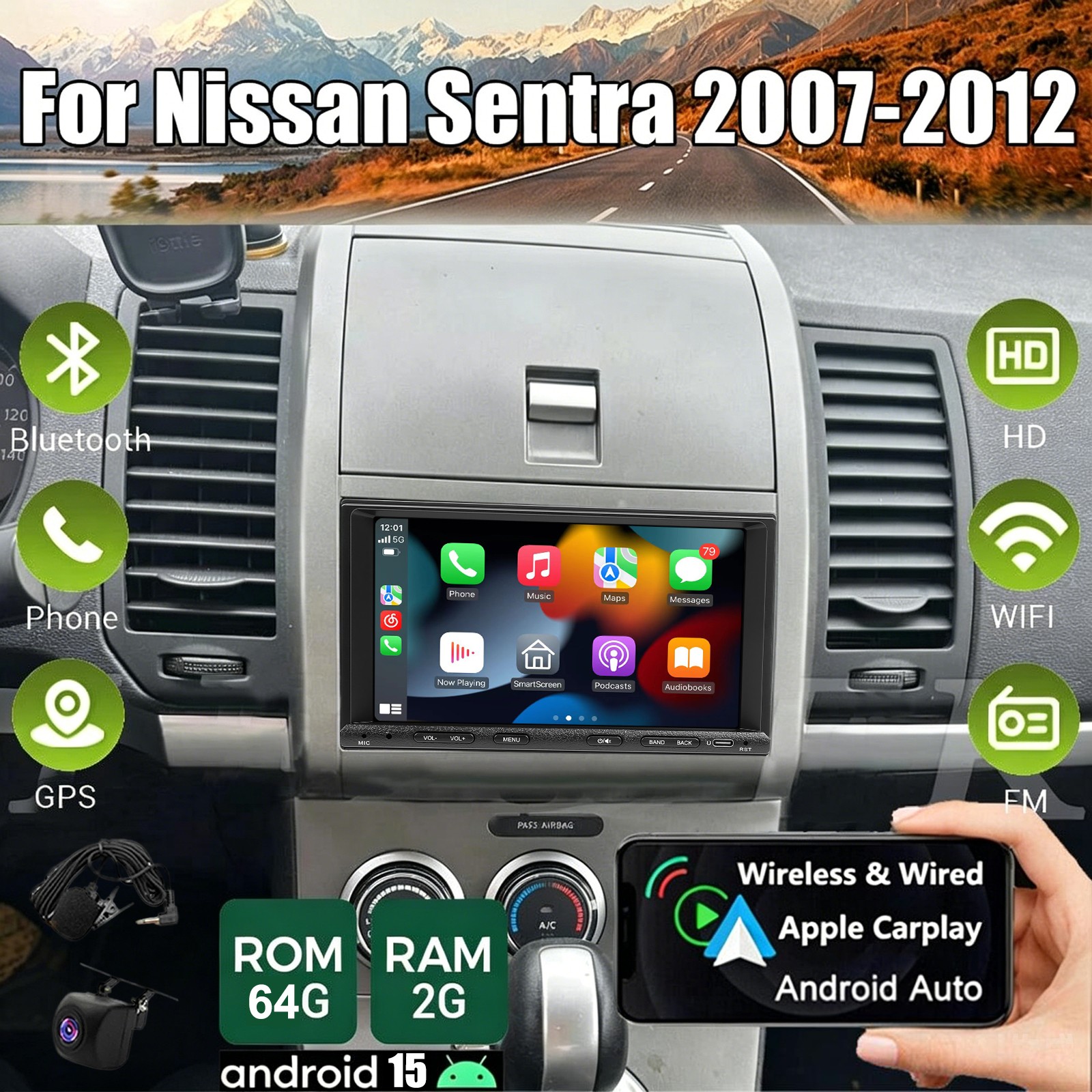 Apple Carplay For 2007-2012 Nissan Sentra Stereo Radio Android 15 2+64G +AHD Cam