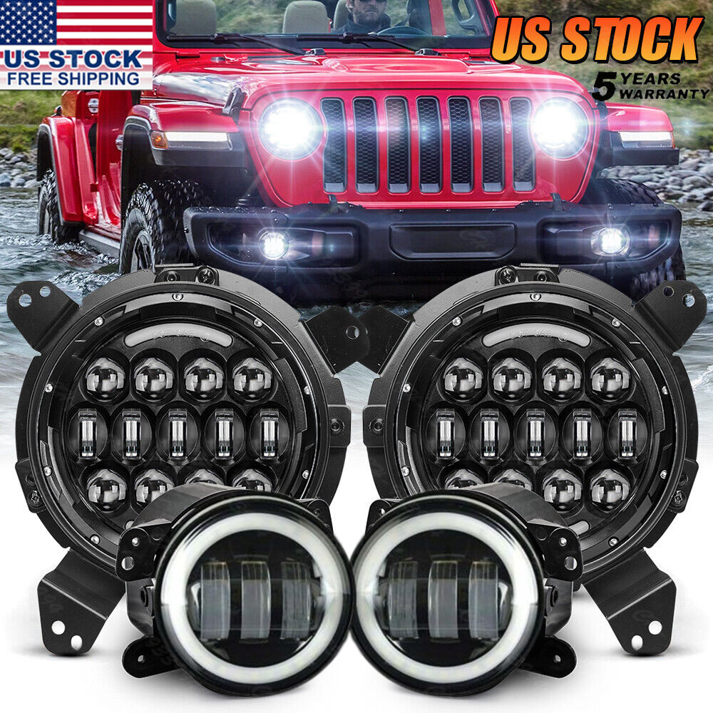 2018-2023 For Jeep Gladiator JT JL 105W Halo LED Headlights Fog Lights Combo Kit