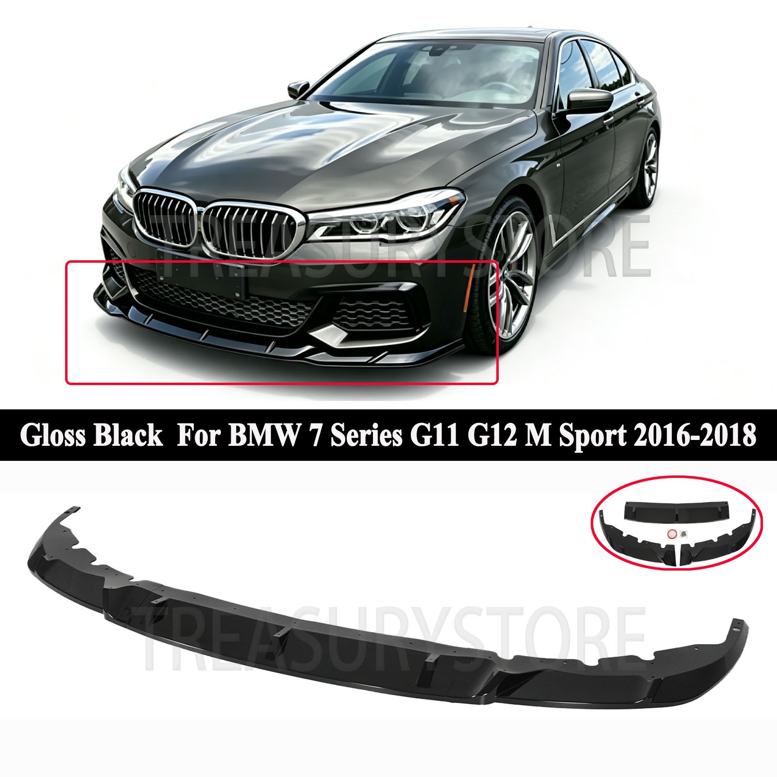  For BMW 7 Series G11 G12 M Sport 2016-2018 Front Bumper Lower Lip Glossy Black
