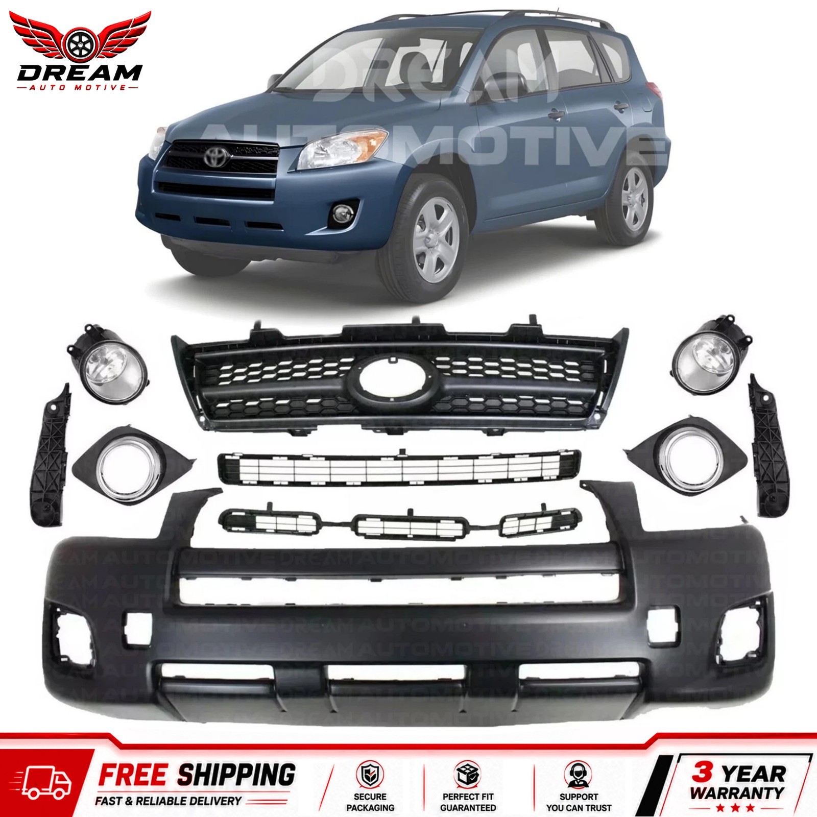 New Bumper Cover + Upper + Lower Grille Assembly Kit For 2009-2012 Toyota RAV4
