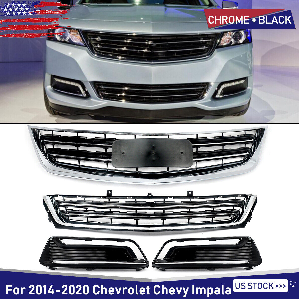 For 2014-2020 Chevrolet Impala Front Upper Lower Bumper Grille w/Fog light Cover