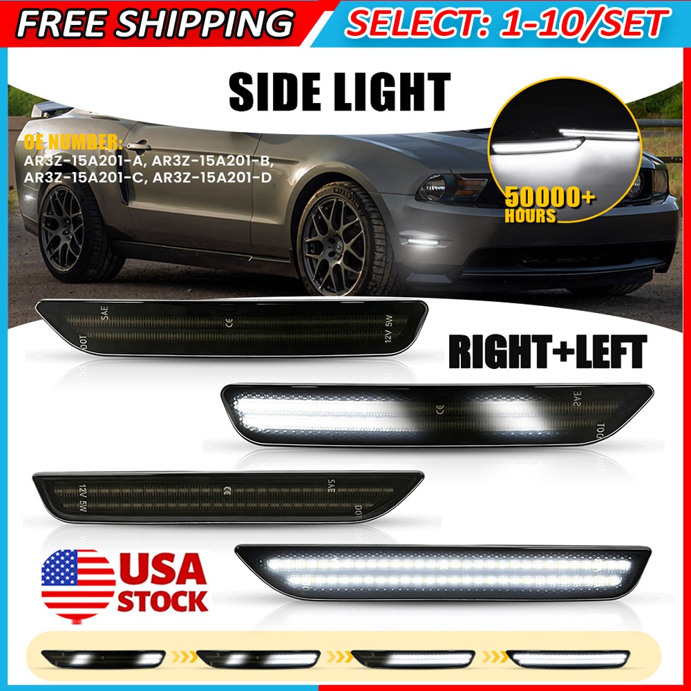 4-40x White LED Bumper Side Marker Lights Lamps Smoked For 2010-14 Ford Mustang