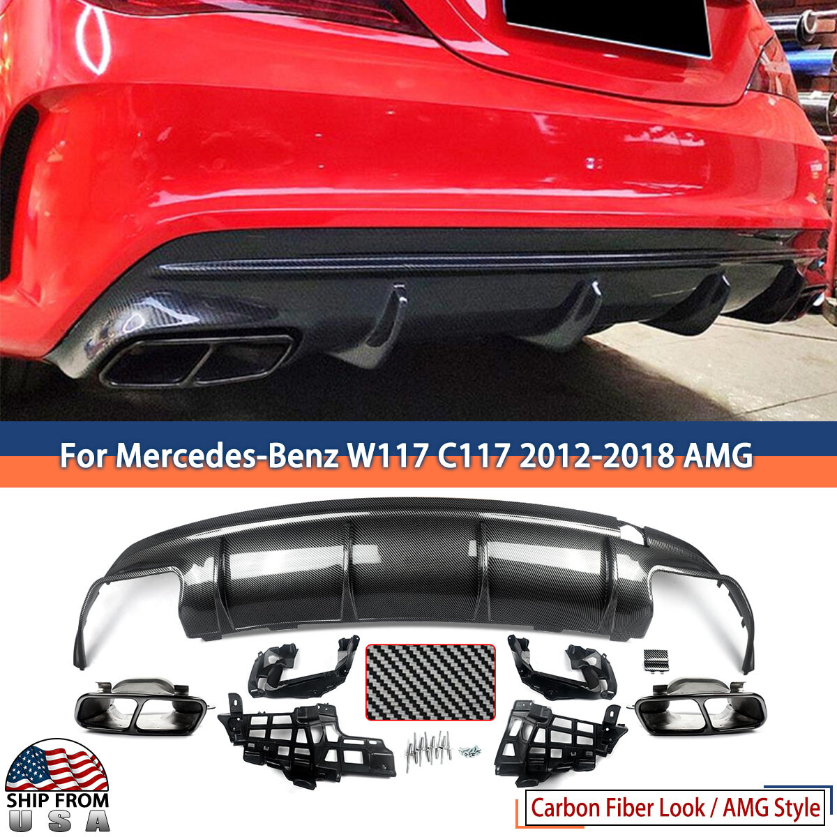 For Benz C117 W117 CLA200 CLA250 CLA45 2013-2019 Carbon Rear Bumper Diffuser Lip