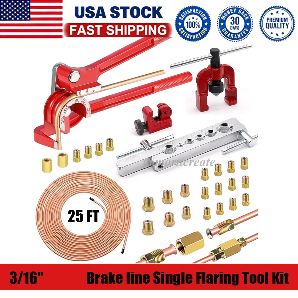 25Ft 3/16 Copper-Coated Brake Line Kit - Include 20 Fittings,2 Unions and 4 Nuts