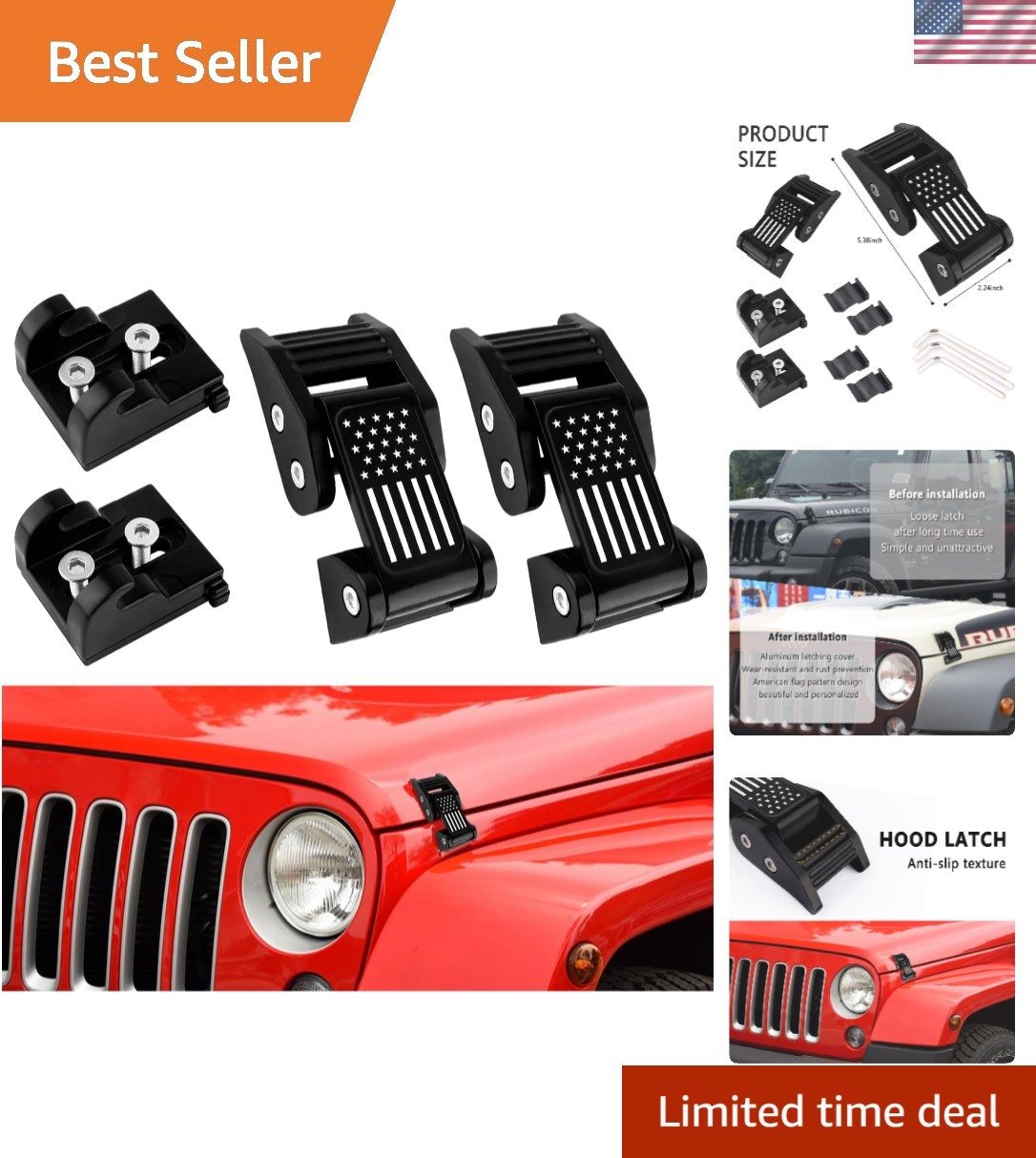 2PCS American Flag Aluminum Hood Latch Lock for Jeep Wrangler JK 2007-2018