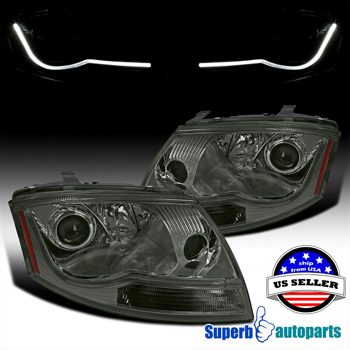 Fit 1999-2006 Audi TT Projector Headlights Smoke Front Lamps LED Strip Bar 99-06