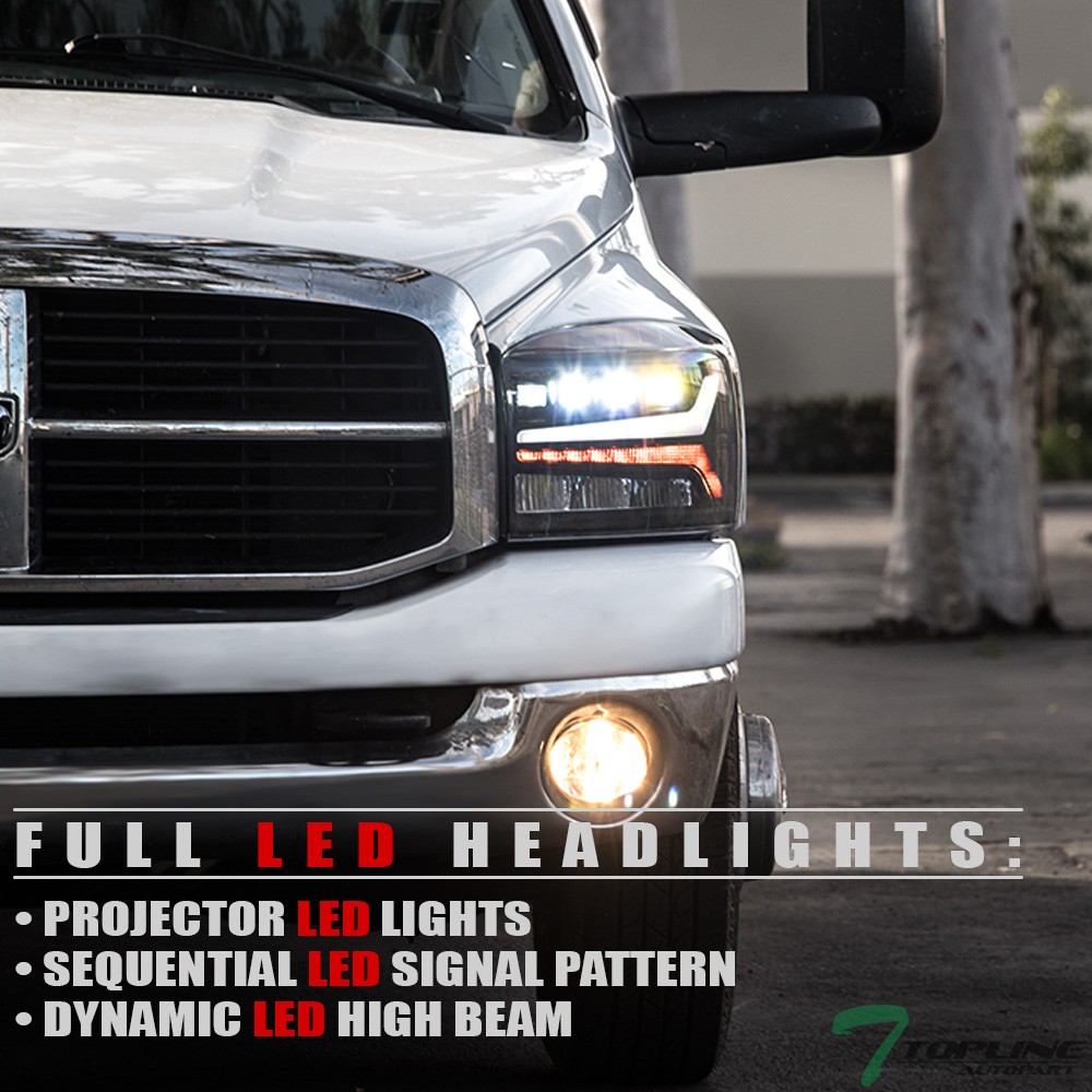 Topline For 2006-2009 Dodge Ram Full LED Sequential Projector Headlights - Black