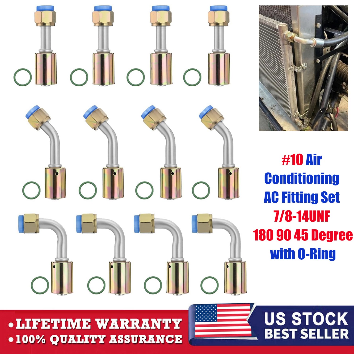 12 Pack AC Fittings Air Conditioning #10 180° 90° 45° for Automotive A/C Systems
