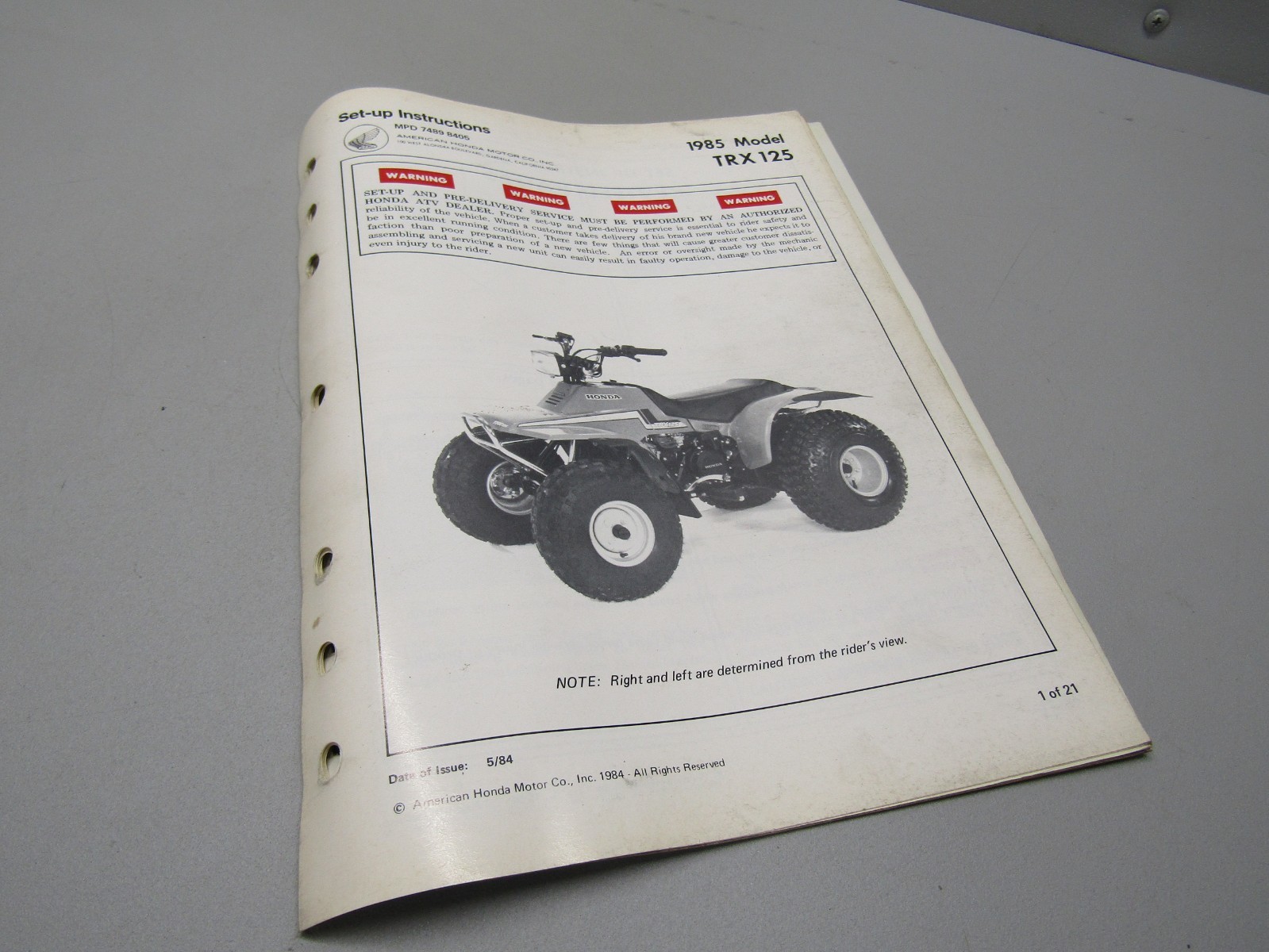 1985 HONDA TRX125 FOURTRAX GENUINE DEALER SET UP INSTRUCTIONS 21 PAGES
