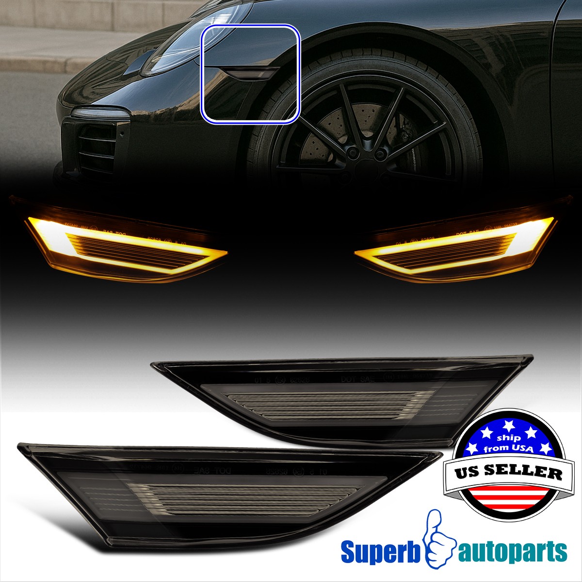 Smoke Sequential LED Side Marker For 12-16 Porsche 911 Carrera 17-18 Boxster 718 Smoke Sequential LED Side Marker For 12-16 Porsche 911 Carrera 17-18 Boxster 718