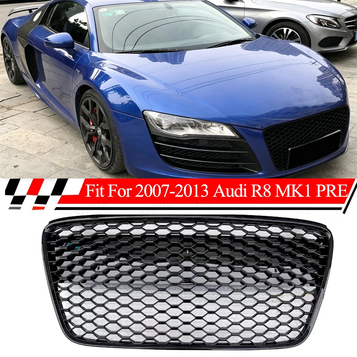 Grill Insert Main Bar Front Gloss Black-out Grille For 08-12 AUDI R8 V8 V10 MK1