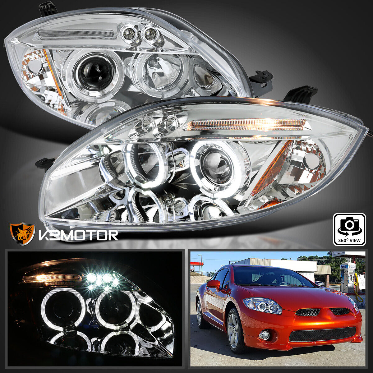 Clear Fits 2006-2012 Mitsubishi Eclipse LED Halo Projector Headlights Left+Right