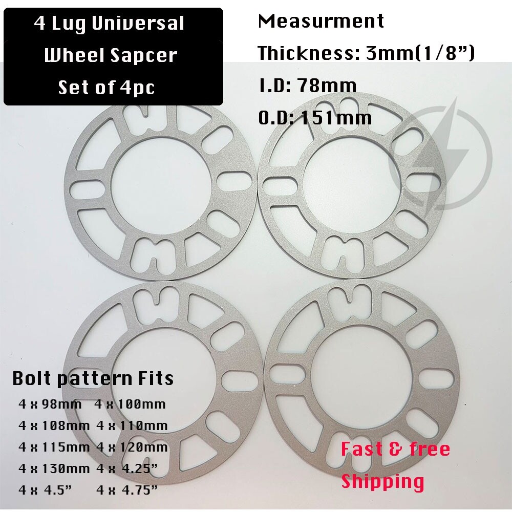 4Pc Wheel Spacers 3mm Universal For 4x98 4x100 4x108 4x110 4x114.3 4x120 4x130