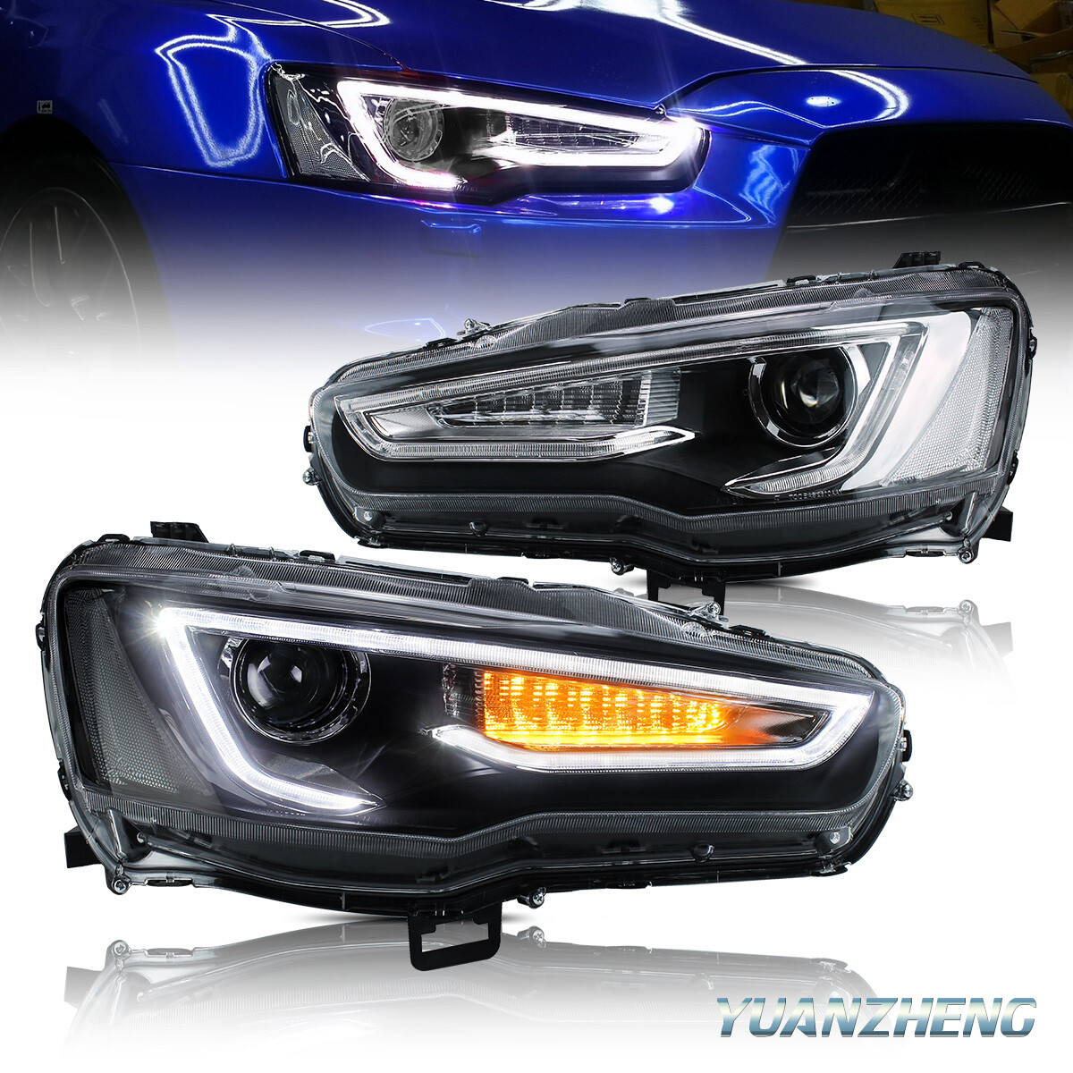 VLAND Pair Black LED Projector Headlights For Mitsubishi Lancer EVO X 2008-2017
