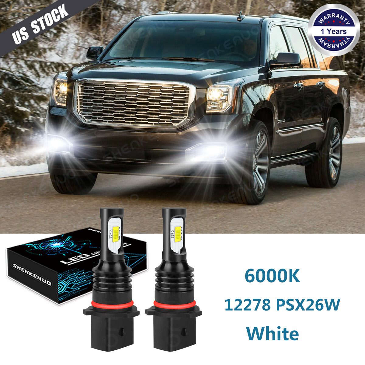 2x 12278 PSX26W LED Fog Light Bulbs 6000K White for GMC Yukon 2015-2019 Yukon XL