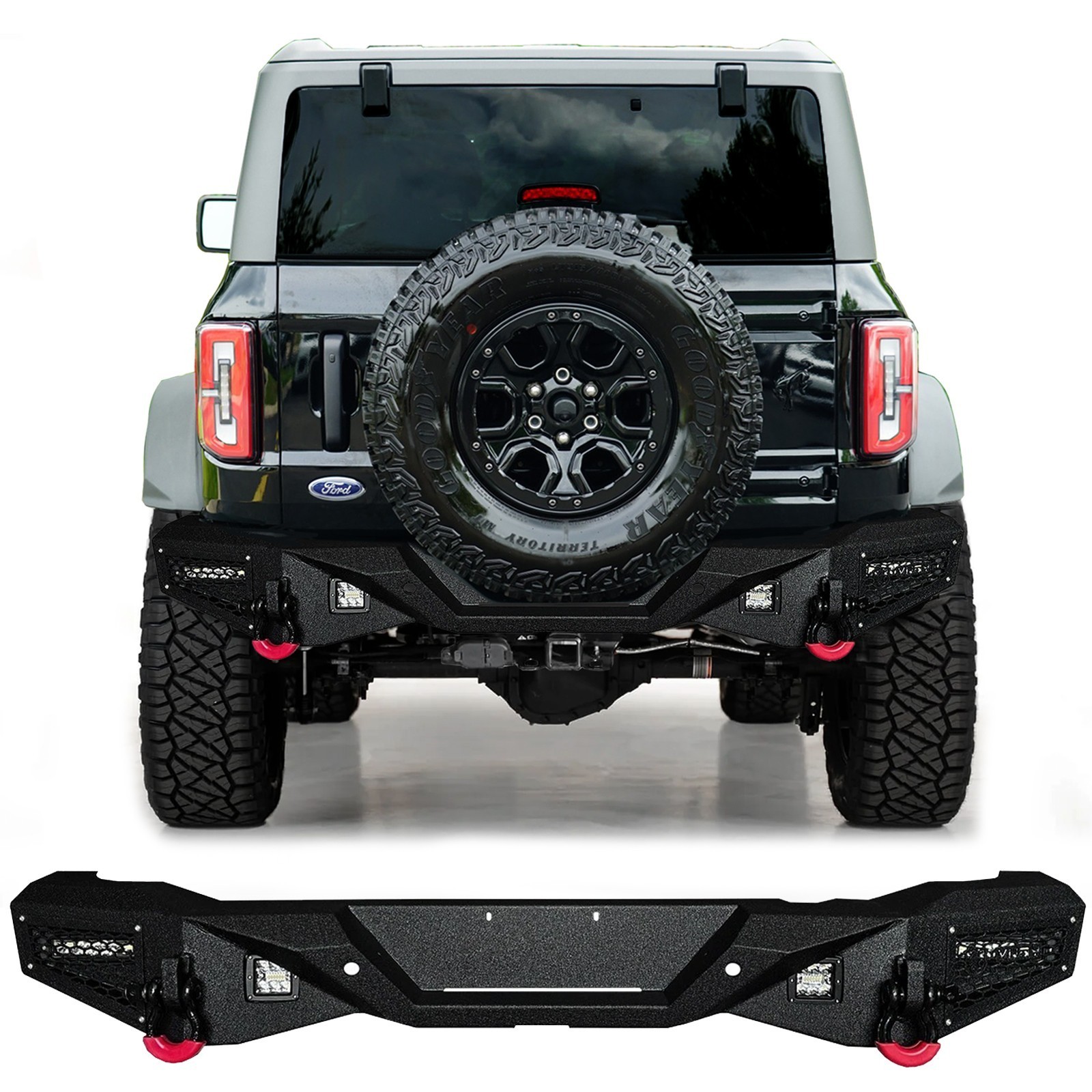 Vijay For 2021-2025 Ford Bronco Steel Rear Bumper With LED Lights & D-Rings