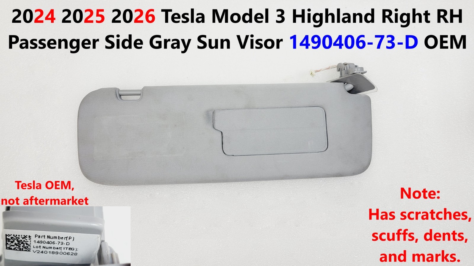 2024-2026 Tesla Model 3 Highland Sun Visor Right Passenger Side 1490406-73-D