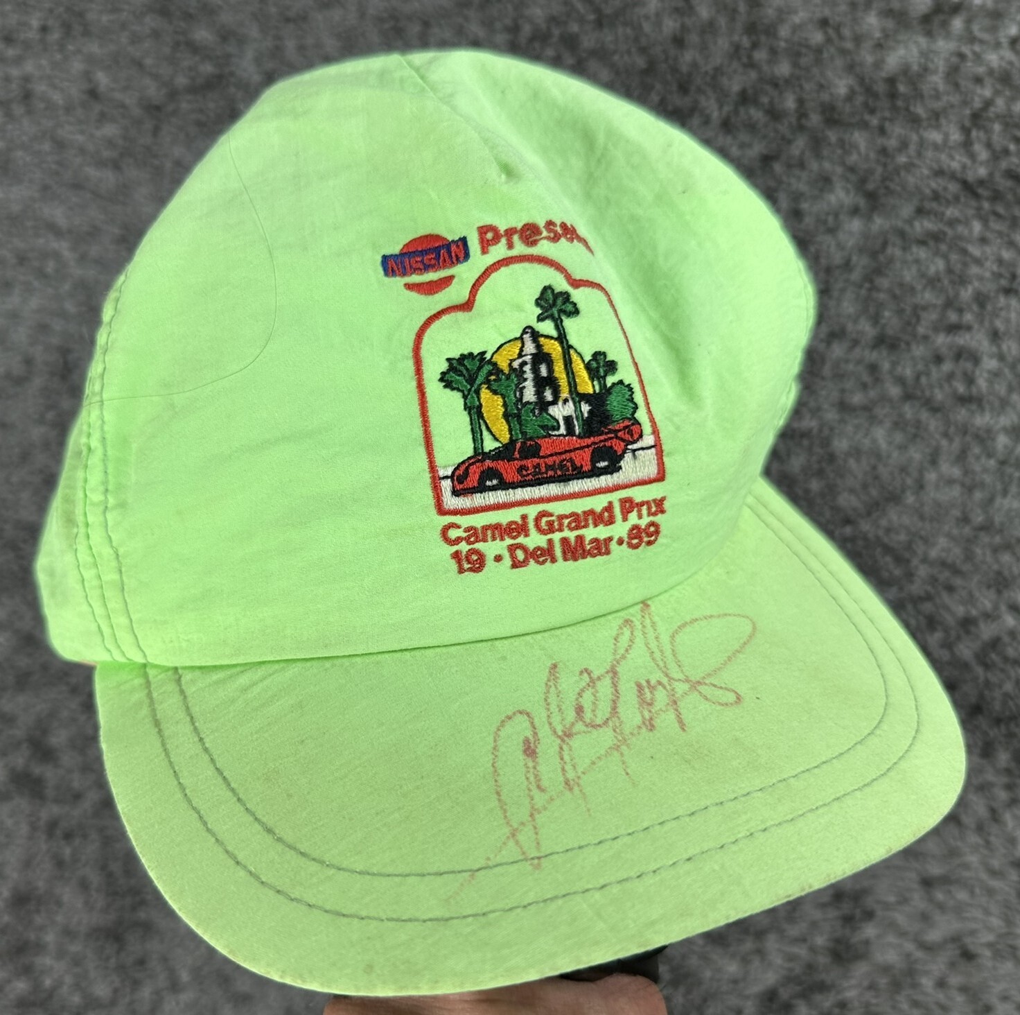 Vintage 1989 Camel Grand Prix Del Mar Hat Signed Racing Snapback Cap Neon Green