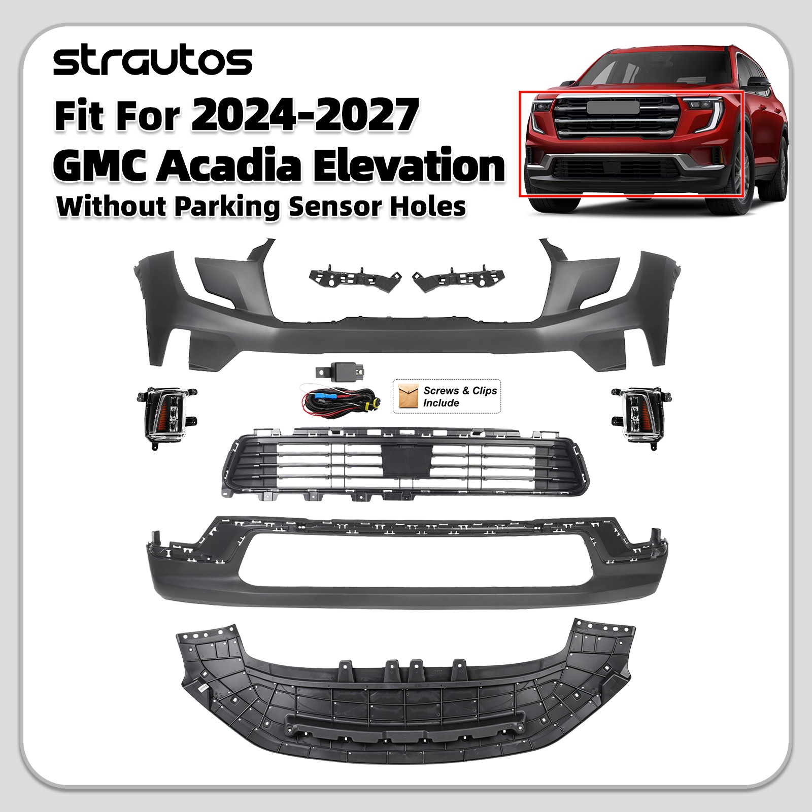 For 24-27 GMC Acadia Elevation Front Bumper Upper Lower Assembly w/ Grille Fog