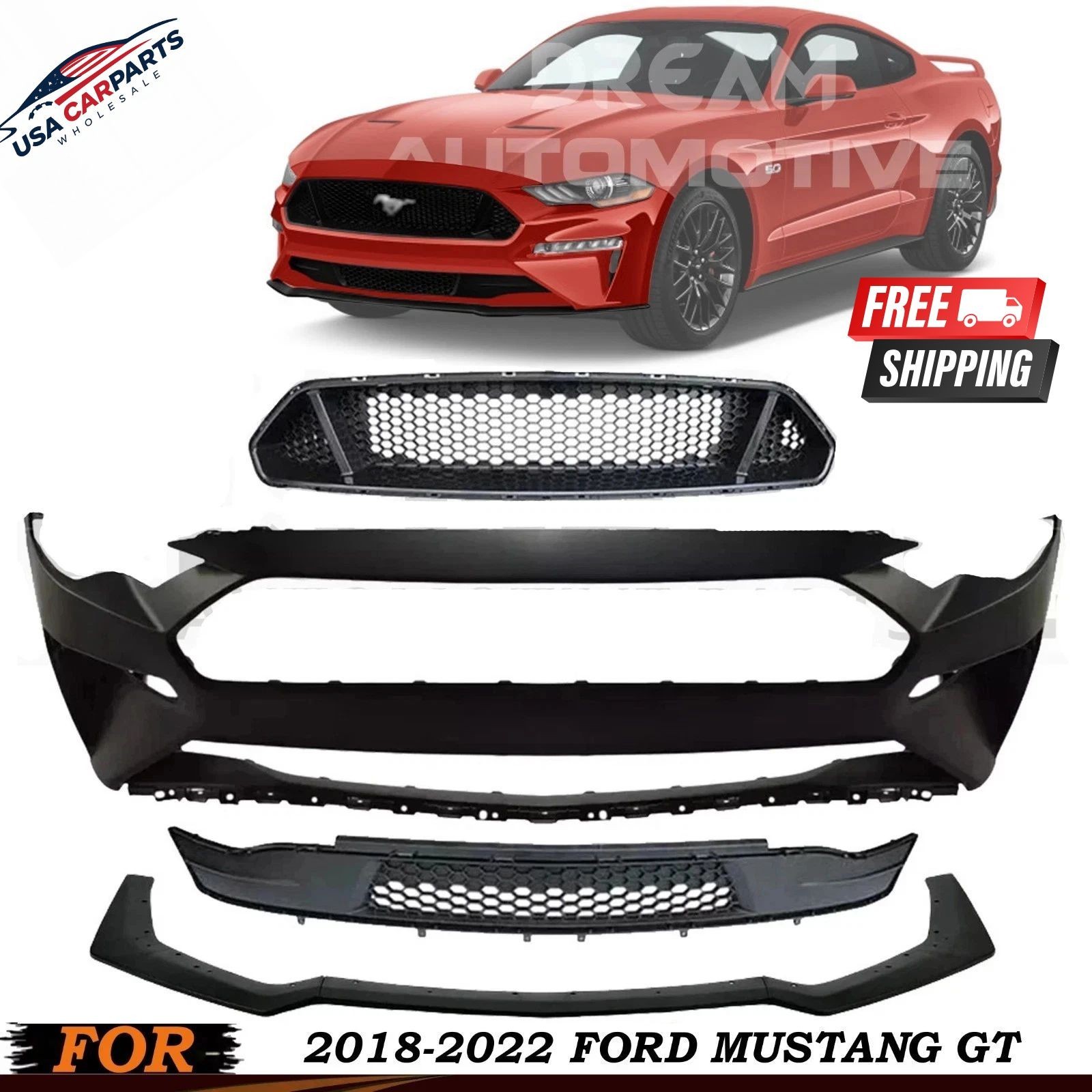 NEW Front Bumper Cover Primd & Grille Assembly Kit For 2018-2022 Ford Mustang GT