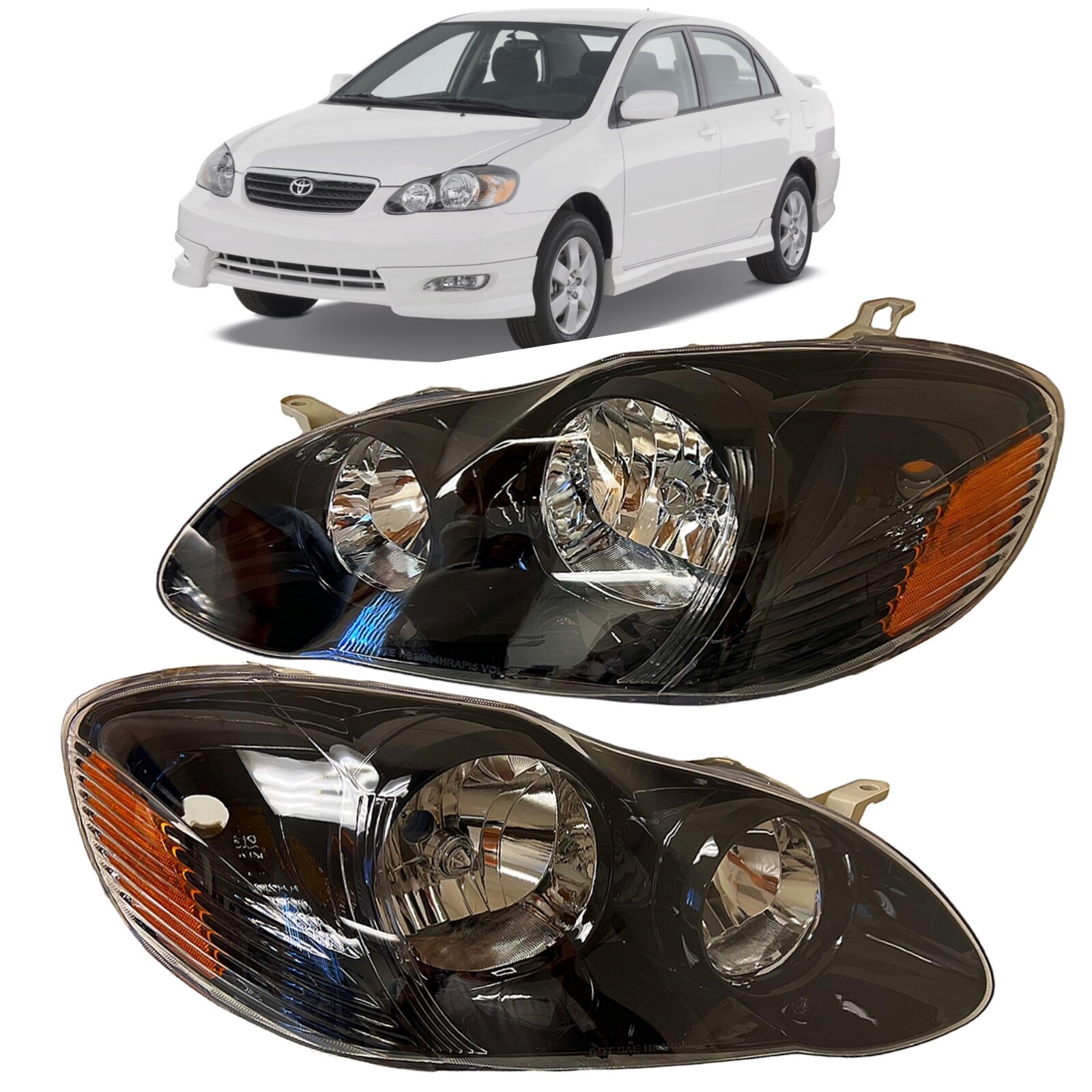 For 03 08 Toyota Corolla Black Headlights Type S Lamps Replacement Pair Set