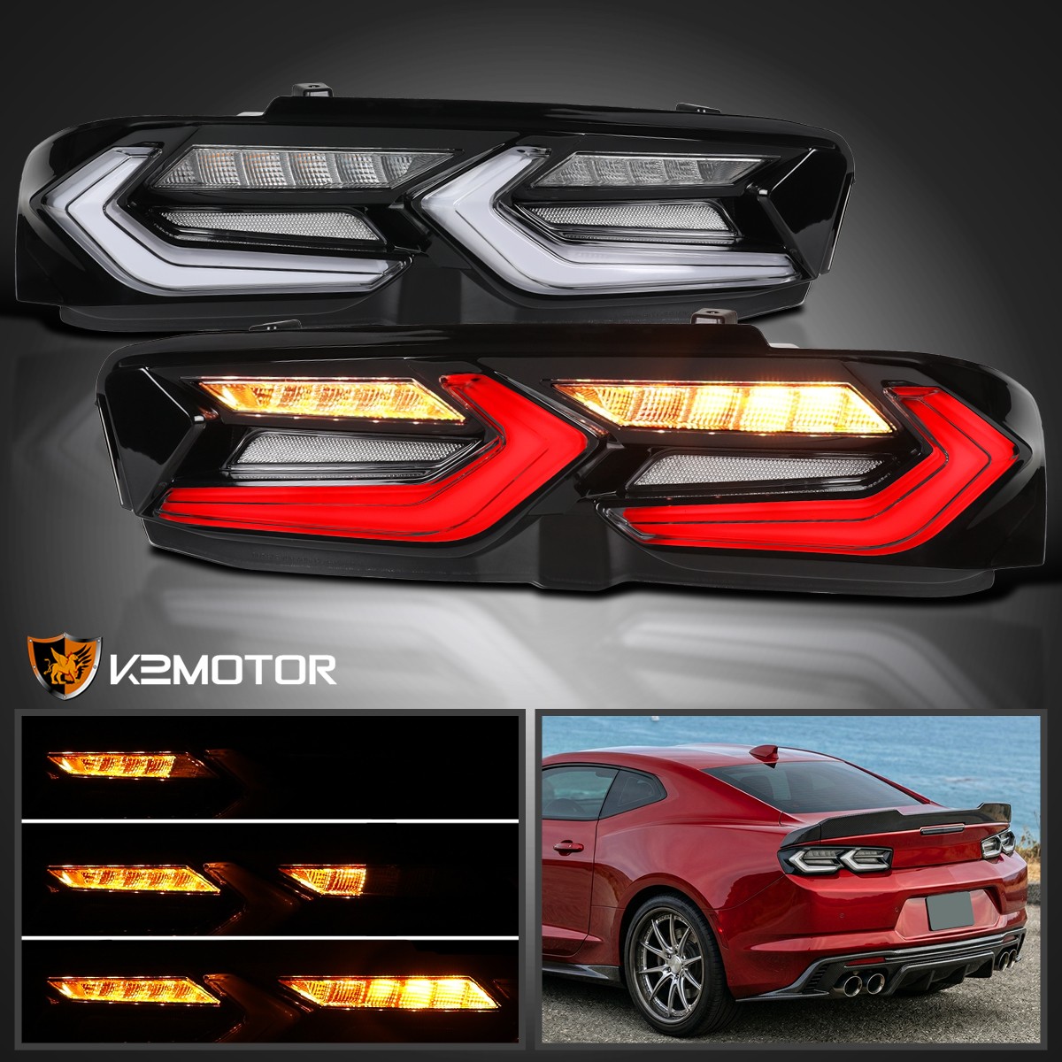 Fits 2019-2024 Chevy Camaro Black LED Tail Lights Sequential Turn Signal Lamps Fits 2019-2024 Chevy Camaro Black LED Tail Lights Sequential Turn Signal Lamps
