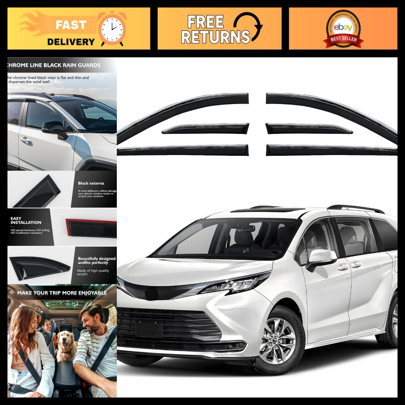 Window Visors Rain Guards for 2021-2026 Toyota Sienna - 6Pcs Chrome Accessories