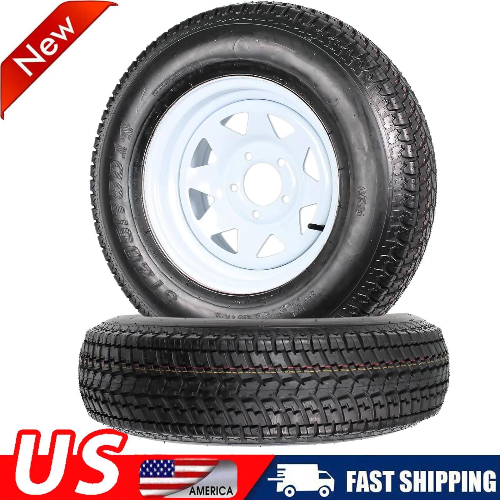 2-Pk Trailer Tire Rim ST205/75D14 14 in. Load C 5 Lug White Spoke Wheel 14x5.5