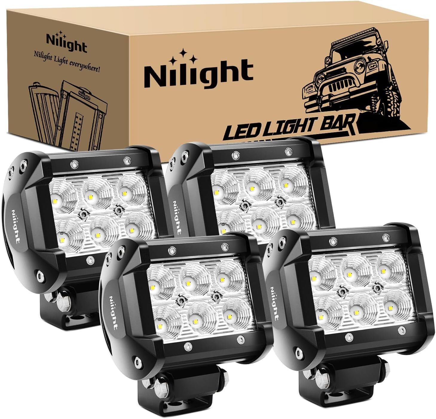 Nilight LED Pods 4Pcs 4Inch 18W Flood Off Road Fog Lights Driving Roof LED Light