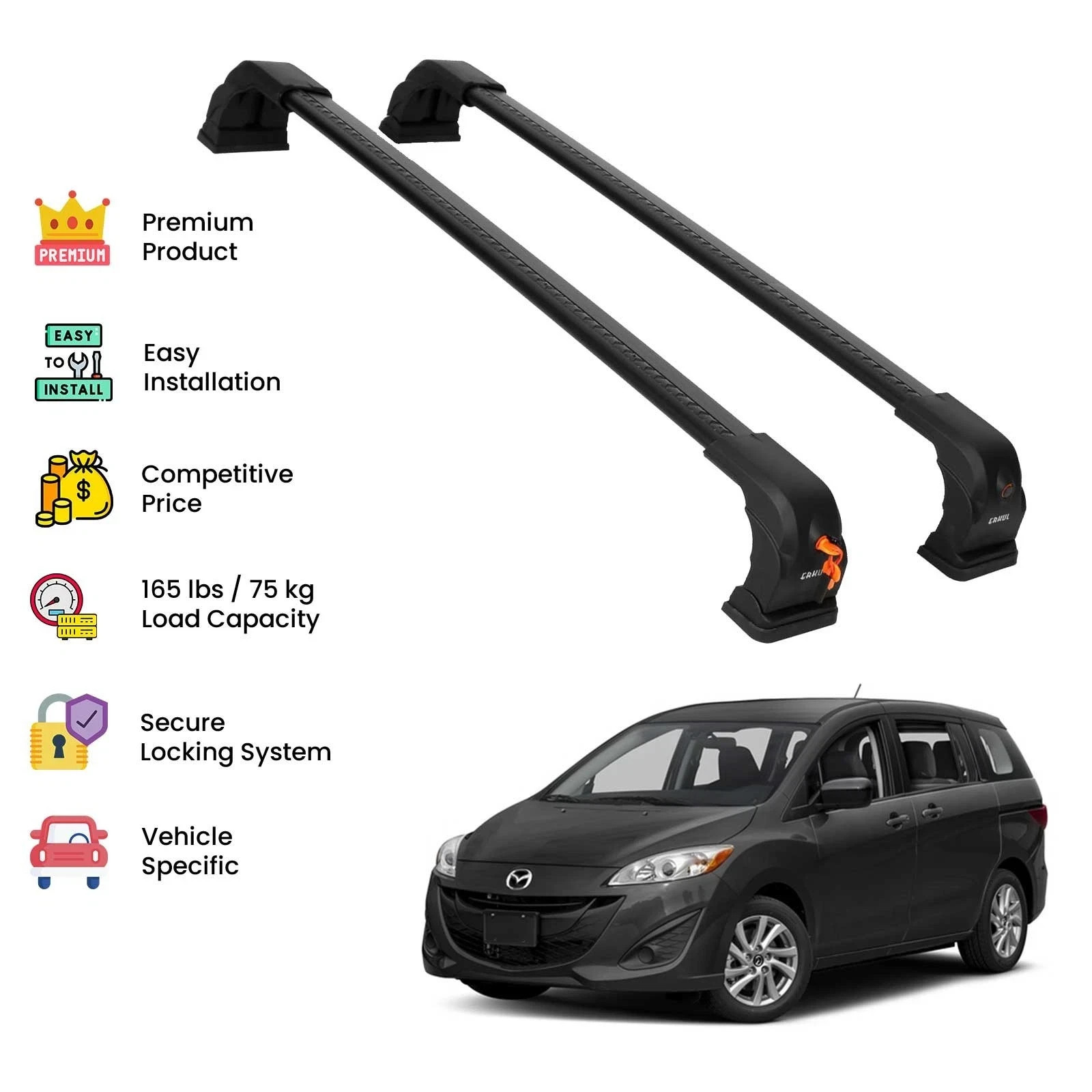 Black Premium Roof Rack Cross Bars For Mazda 5 2006-2017