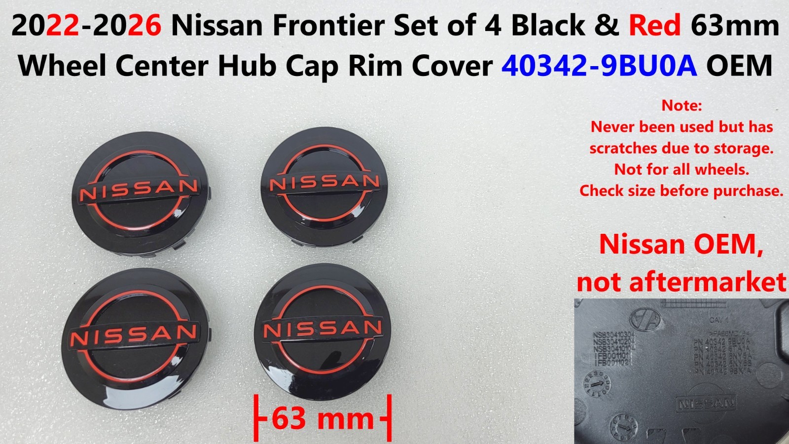 2022 -26 Nissan Frontier 4x Wheel Center Hub Cap Rim Cover Black Red 40342-9BU0A