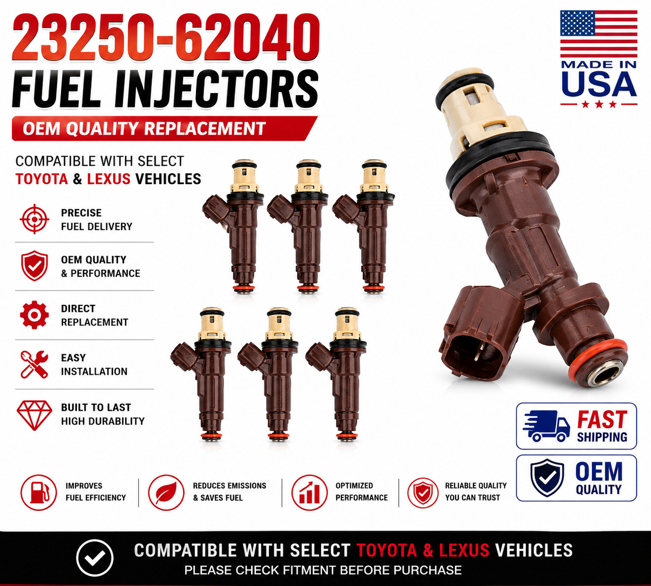 6x Denso Fuel Injectors 23250-62040 fits for 99-04 Tundra 4Runner 3.4L V6 6x Denso Fuel Injectors 23250-62040 fits for 99-04 Tundra 4Runner 3.4L V6