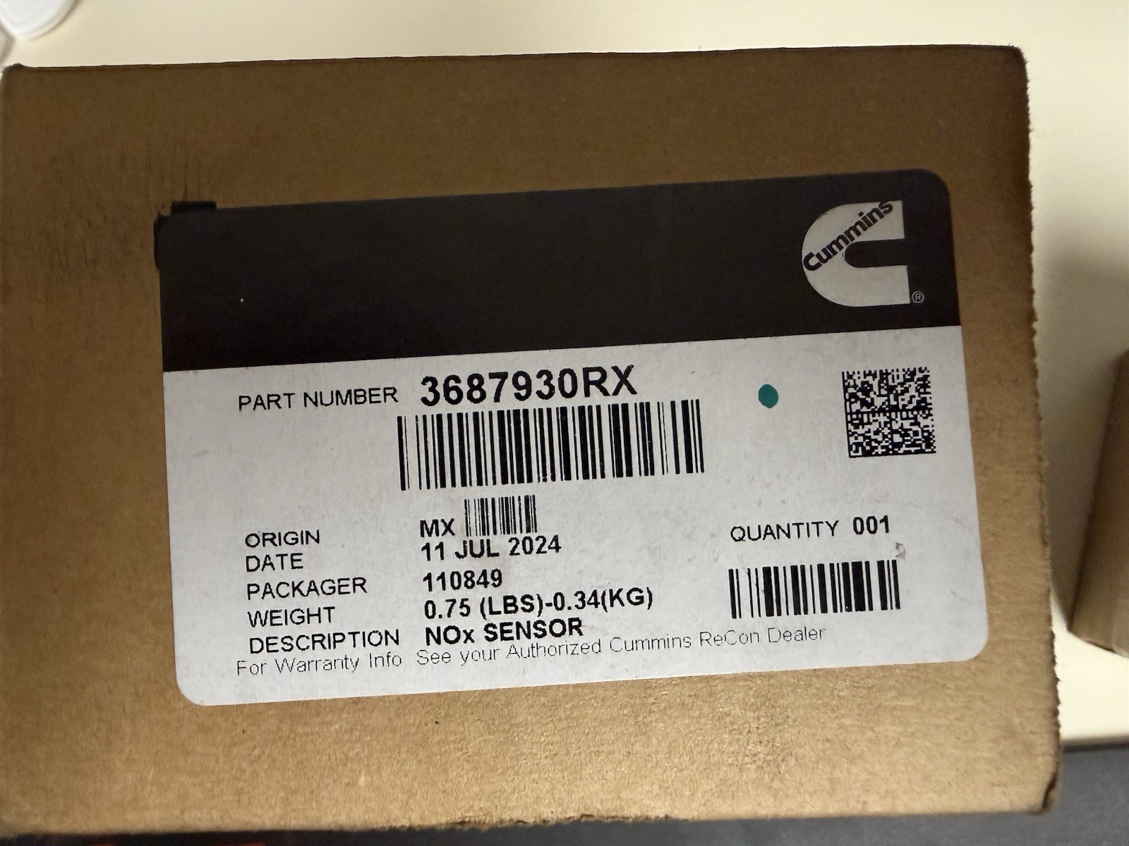 Genuine Cummins NOx Nitrogen Oxide Sensor 3687930RX