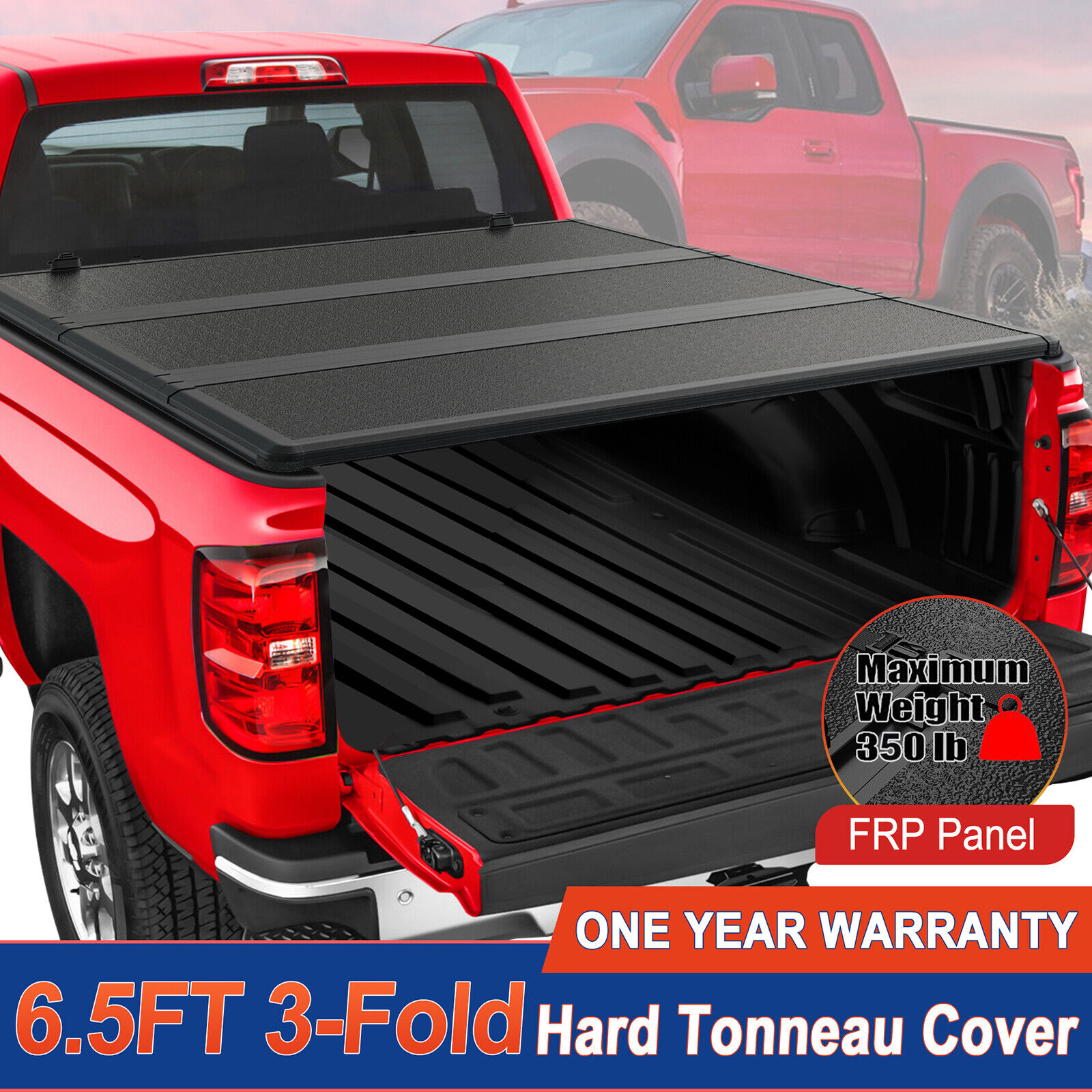 6.5FT 3-Fold Hard Solid Tonneau Cover FRP+PP For 2015-2024 Ford F150 Truck Bed