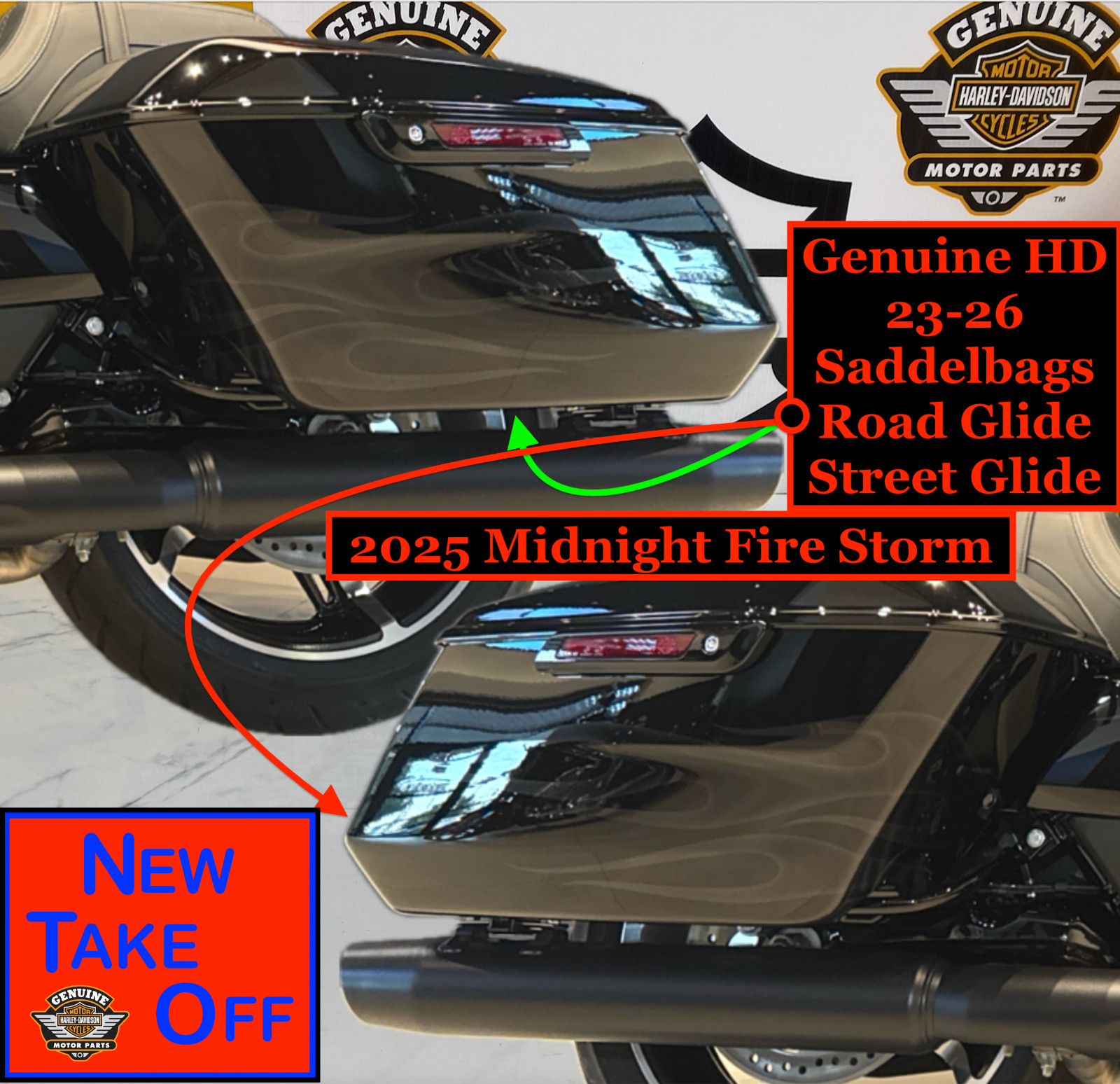 OEM 23-26 Genuine Harley Road Street Glide SaddleBags Midnight Firestorm Black